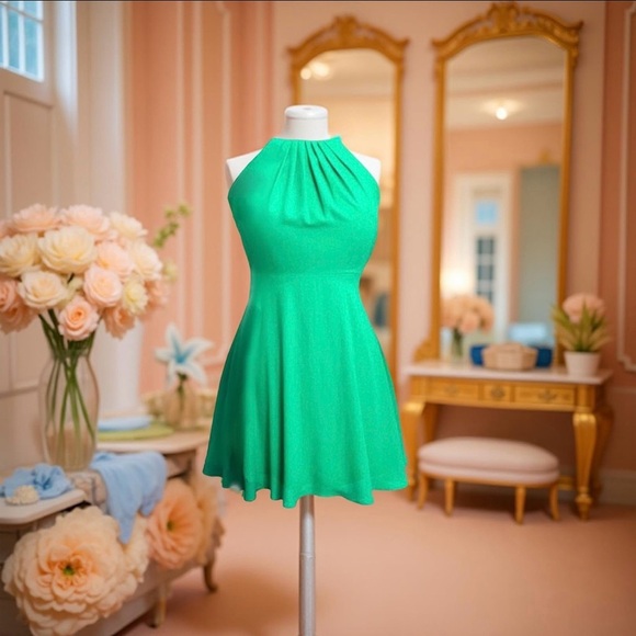 Open Back Halter Dress Green Chiffon Holiday Dress Many Occasions All Seasons - Picture 1 of 8